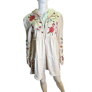 Johnny Was Cream Hooded Sweatshirt With Floral Embroidery Spring Size M EUC